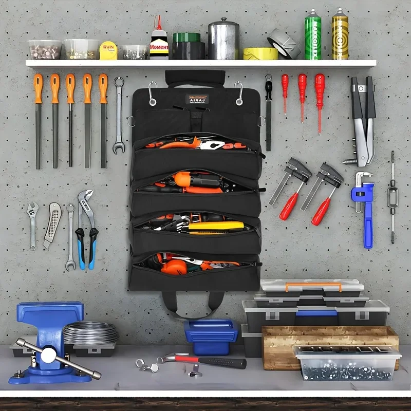 AIRAJ 18 inch Roll-Up Tool Bag - Oxford Fabric Multi-Tool Organizer ，4 fixed large pockets and 2 detachable small pockets