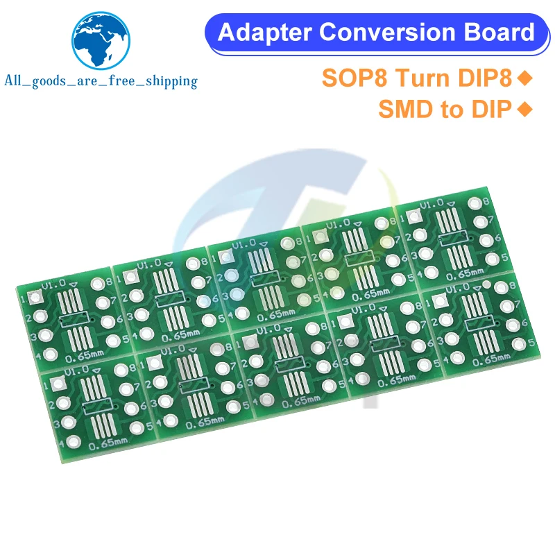 TZT 10 шт. SOP8 Turn DIP8 SMD-адаптер DIP, разъем SOP8/TSSOP8/SOIC8/SSOP8, плата адаптера DIP, преобразовательная пластина 0,65 мм 1,27 мм