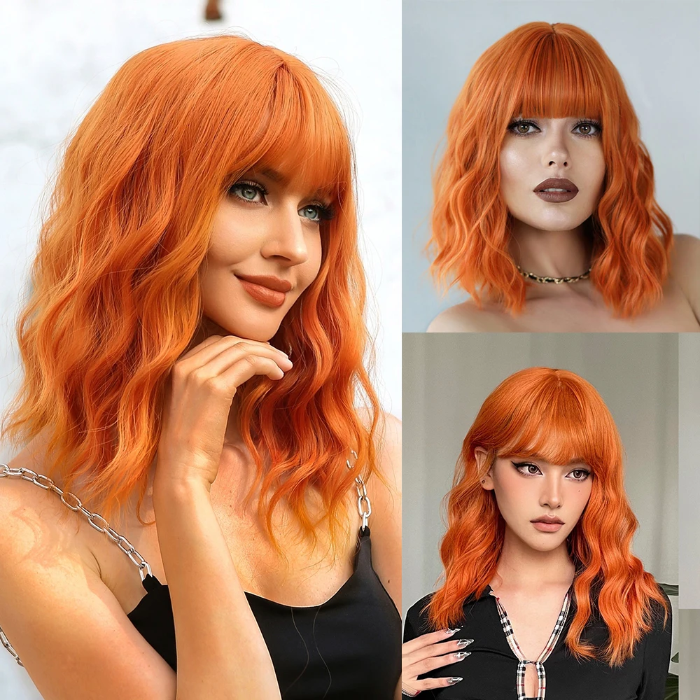 Korte krullende bob gesneden synthetische pruiken met pony licht gember oranje watergolf pruik voor zwart witte vrouwen Halloween hittebestendig