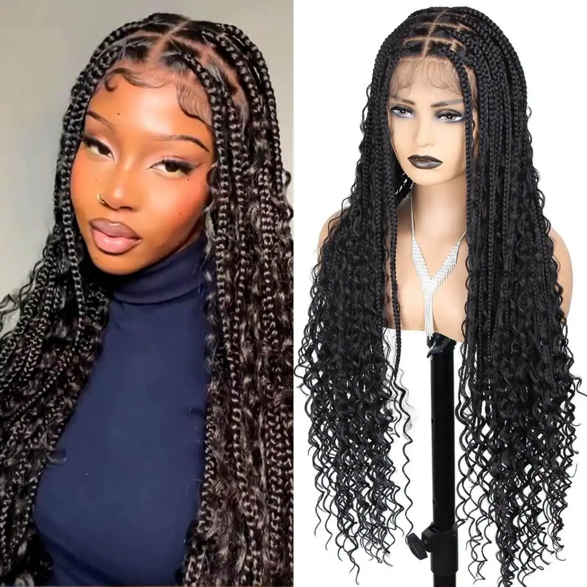 Synthetische superlange gevlochten boxpruiken voor zwarte vrouwen Volledige dubbele kanten voorkant Box Gevlochten Cornrow Twist-pruiken met babyhaar