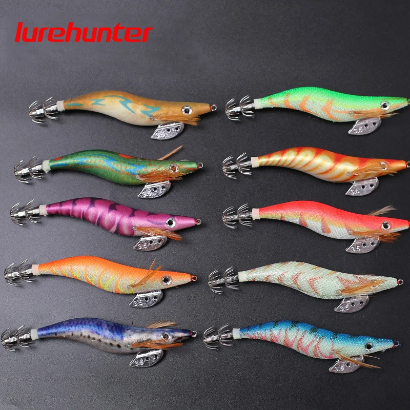10PCS with Shrimp Bag 3D Printing 2.5 3.0 3.5  Hook Luminous Squid Jig Fishing Wood Shrimp Lure Squid Cuttlefish Jigs Lures