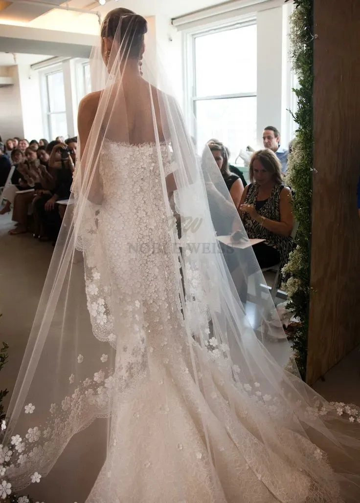 Véu de noiva 3d flores longo véu de casamento mantilla acessórios de casamento apliques com flores de renda personalizado