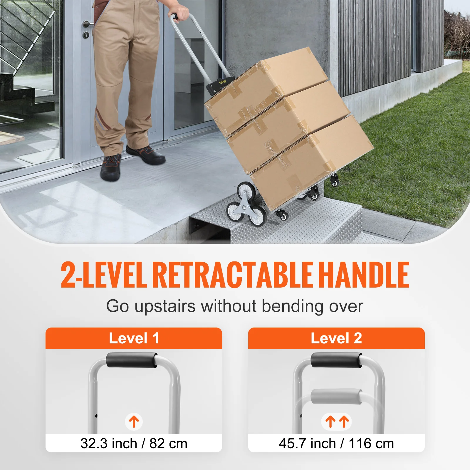 VEVOR Carrello Portaspesa in Acciaio Alluminio Capacità Carico Max. 100kg Manico Regolabile, Carrello con Ruote per Salire le Scale Dimensioni di Bagaglio 39 x 27 cm, Carrello per Scale Porta Oggetto