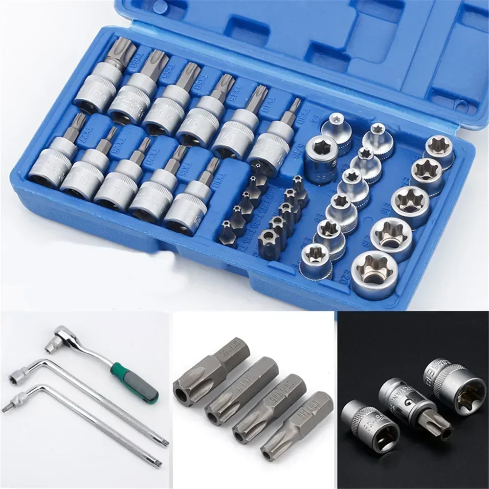 Juego de brocas y enchufes Torx Star de 34 Uds con caja, brocas de seguridad electrónica macho/hembra, herramienta de mano, herramienta de desmontaje de enchufe de estrella de torsión