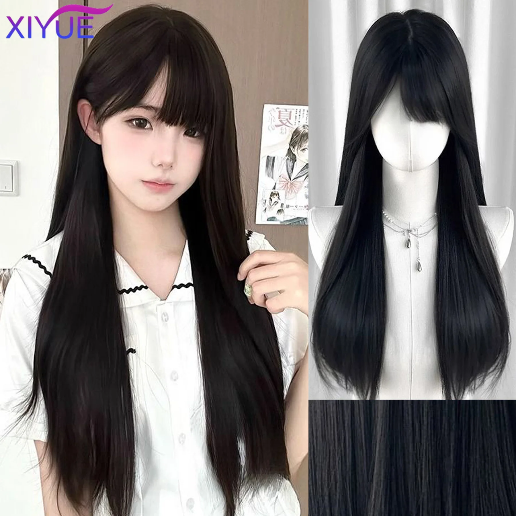 Xiyue perucas sintéticas longas e sedosas com franja, preto, cosplay, festa, lolita, cabelo para mulheres, natural, resistente ao calor