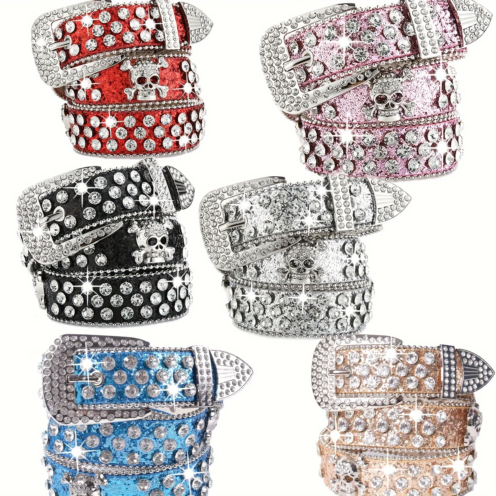 Schädel Nieten Strass Bb Gürtel Trendy Einfarbig Funkelnden PU Leder Gürtel Cowboy Cowgirl Jeans Hosen Gürtel Für Frauen Mädchen