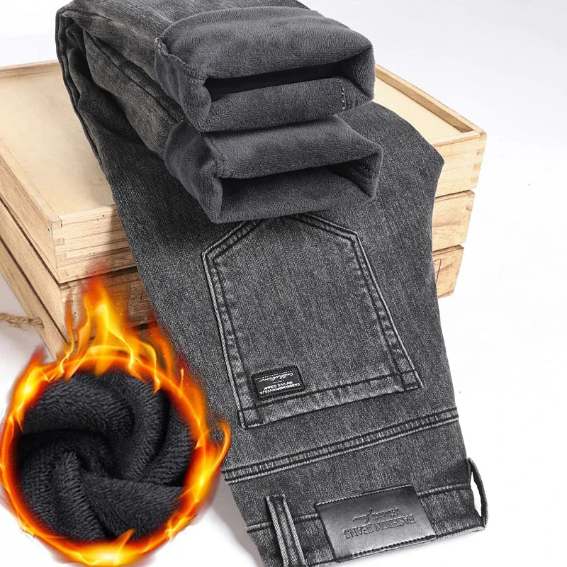 Winter Warm Jeans Men's Slim Straight Elastic Denim Pants Casual Male Clothing Fashion Plush Trousers New Hot Sale Fashion Jeans