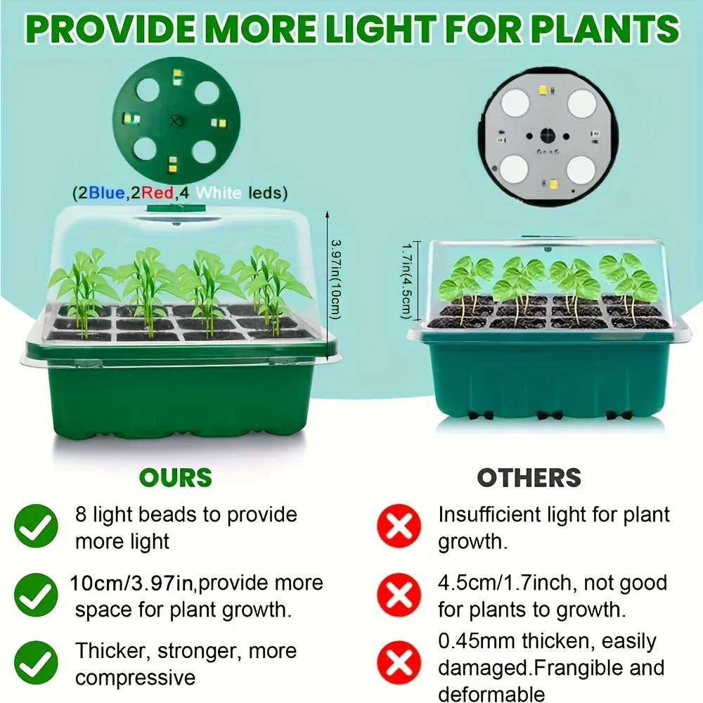 Bandejas de partida de mudas elevadas com luz de planta com cúpulas de umidade Bandeja de célula transparente Umidade 6/12 células + LED Grow Light