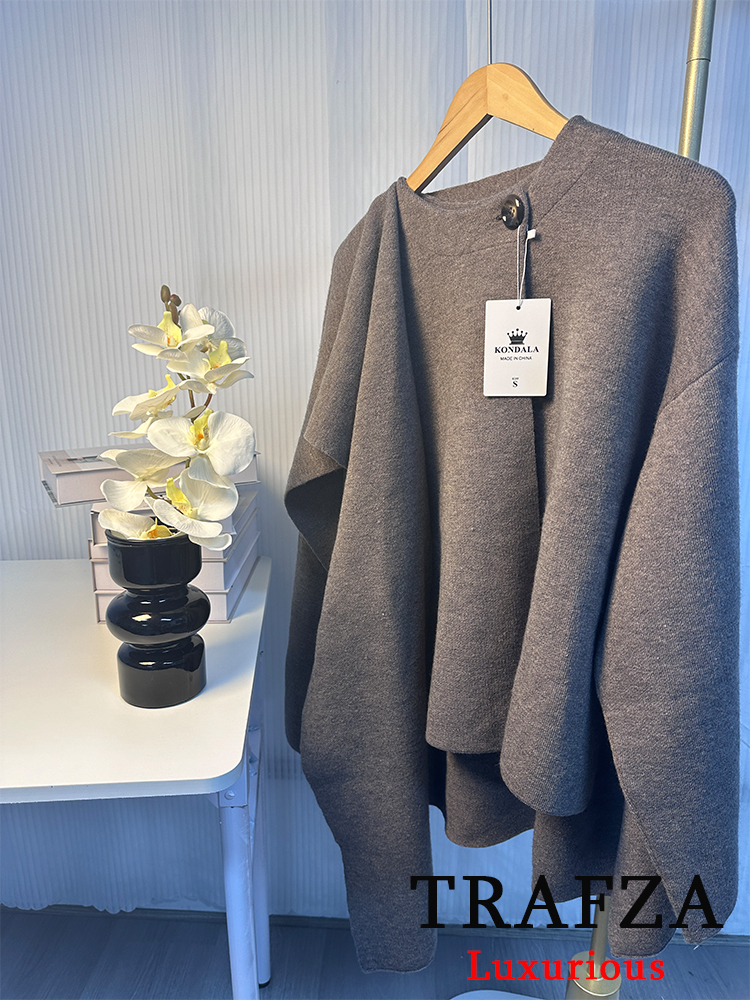 TRAFZA ヴィンテージカジュアルシックな女性ニットスカーフセーター O ネック長袖ルーズショートコートファッション 2025 春冬生き抜く