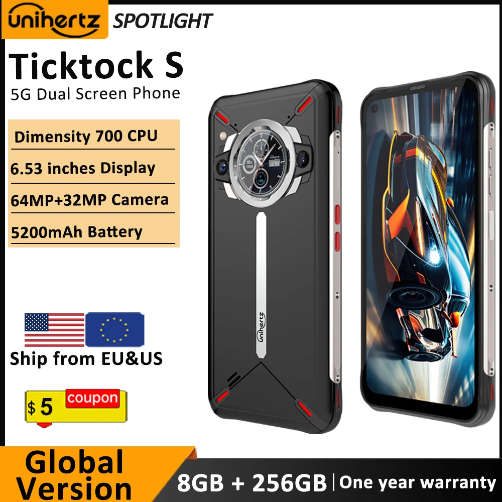 Unihertz Ticktock-S Slim Rugged 5G Smartphone 8GB 256GB Cell Phone 5200mAh Dual Screen Mobile Phone 64MP Camera Dimensity 700