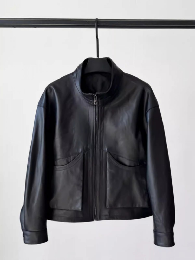 Casaco curto de couro genuíno feminino com gola alta, jaqueta vintage de motocicleta, pele de carneiro real, bolso grande, casaco carga feminino, novo, primavera