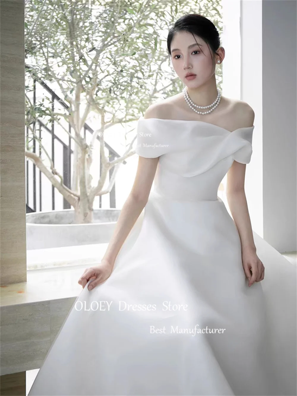 OLOEY 아이보리 오프 숄더 A 라인 웨딩 원피스, 한국 사진 촬영 맞춤형 반팔, 바닥 길이 신부 가운, 실키 오간자