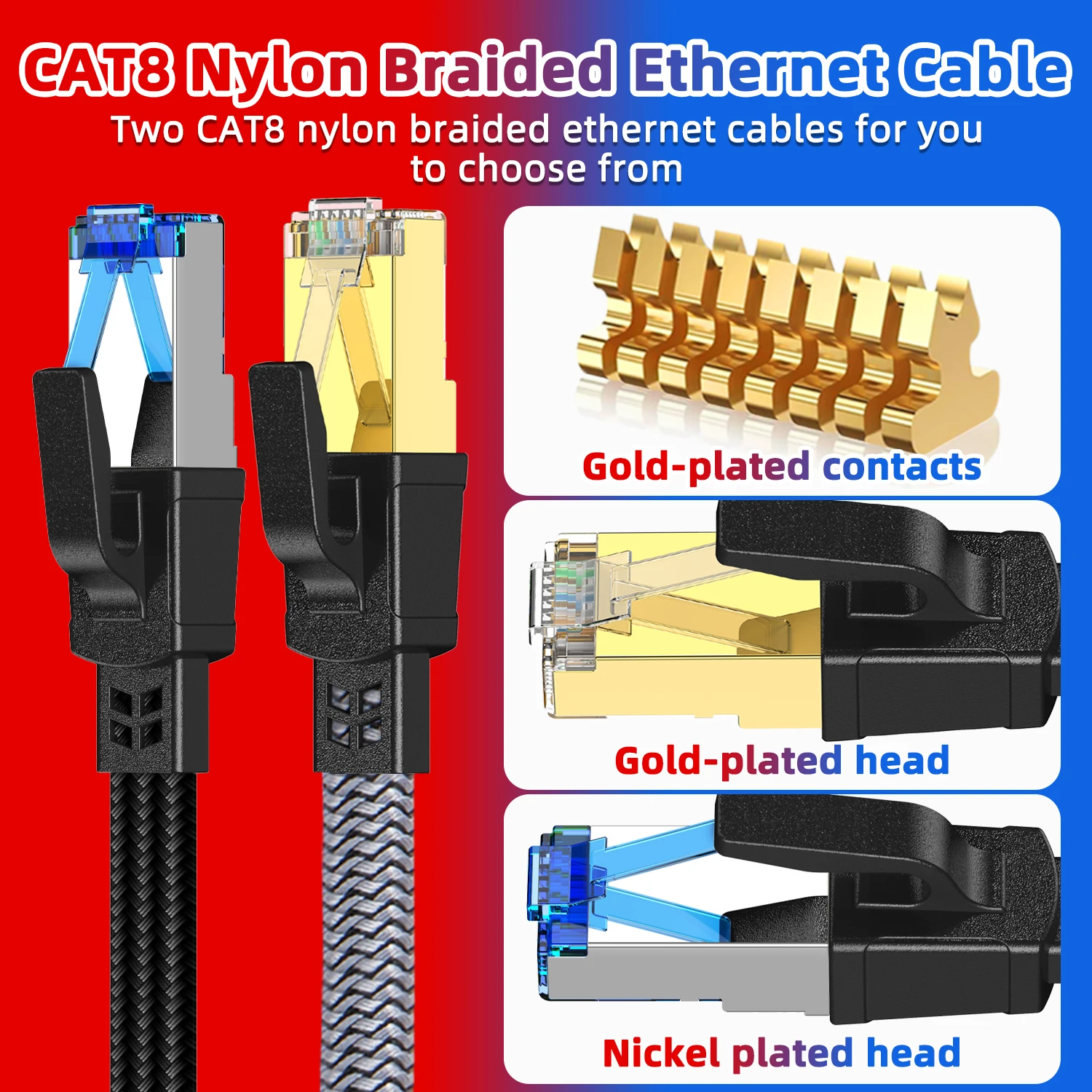 CAT8 Ethernet Cable 40Gbps 2000NHz Nylon Braided Flat RJ45 Network Lan Patch Cord for Laptops PS5 Router Internet Cable Cat 8