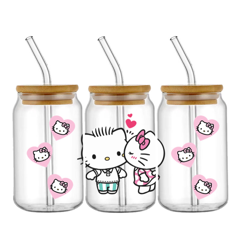 Cartoon Hello Kitty 16OZ UV DTF Cup Wraps Transfer Sticker Waterproof Transfers Decals For 16oz Glass Cup Wrap Stickers