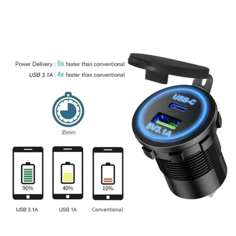Universele autolader snel opladen motorfiets auto sigarettenaansteker LED-licht USB TYPE-C oplader stopcontact voor auto vrachtwagen