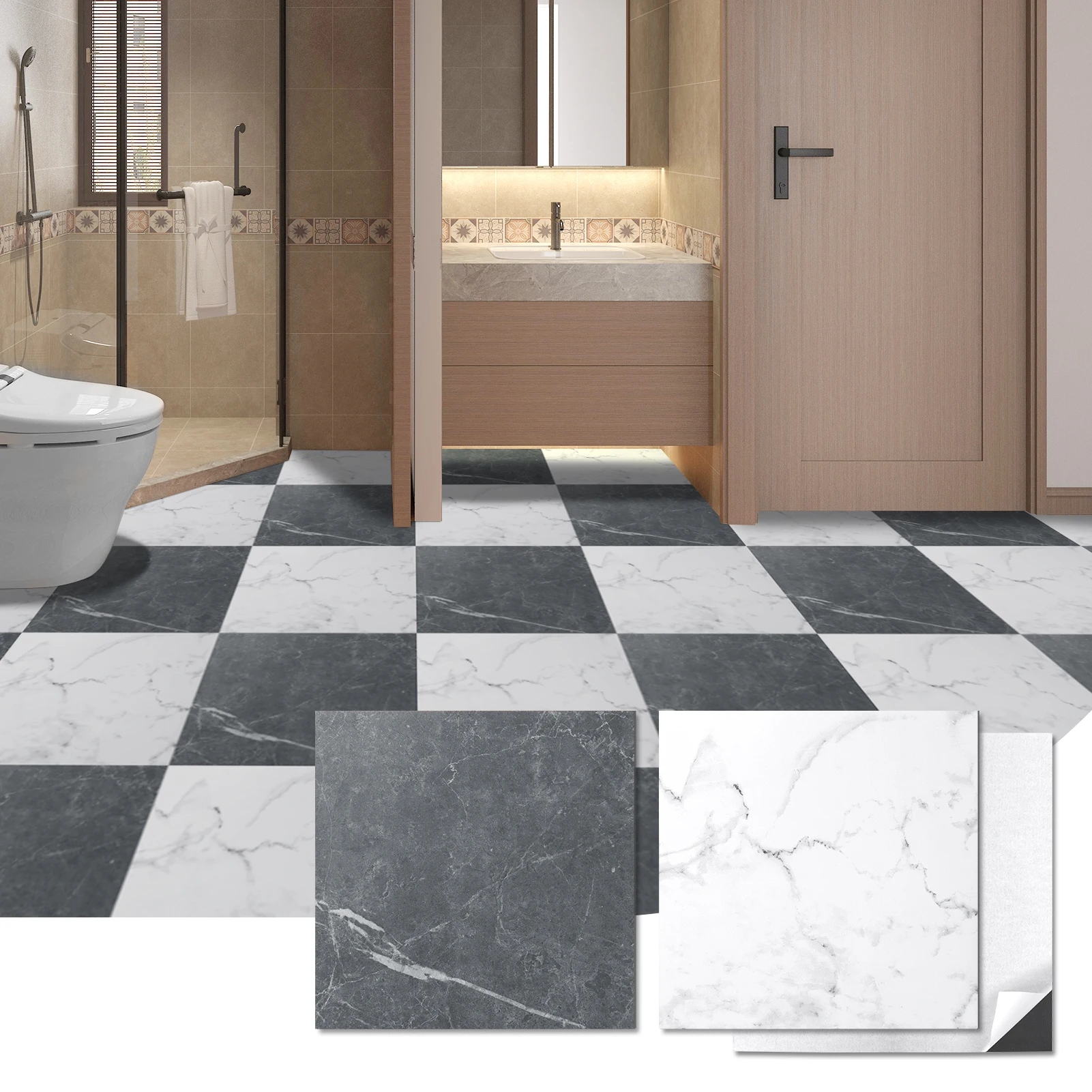 Art3d 12''x12'' 30-Pack Peel and Stick Vinyl Floor Tiles for Kitchen,Bedrooms,Black & White Marble (15 tiles Per color)
