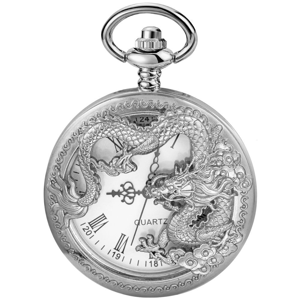 Reloj de bolsillo con forma de dragón característico chino plateado, collar de alta calidad para hombre, colgante de sincronización, reloj de regalo de joyería para mujer