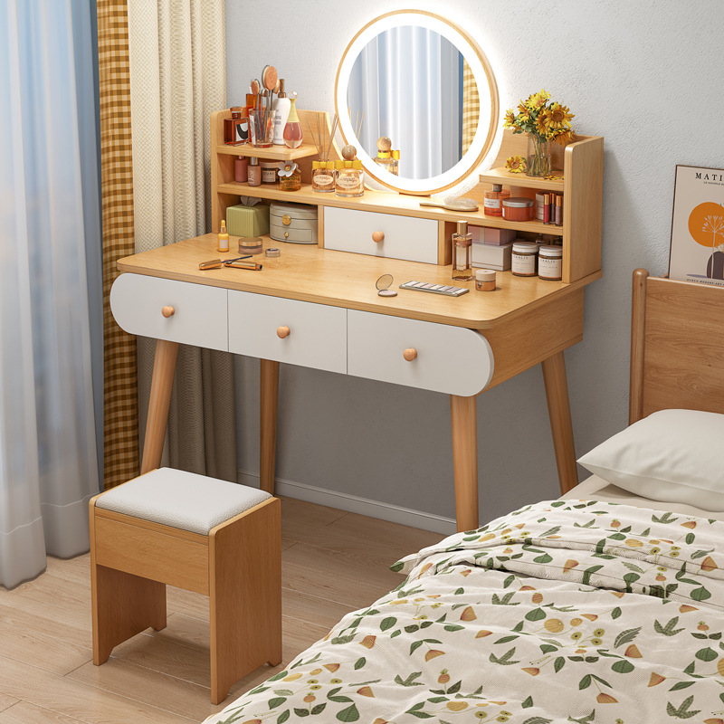 Penteadeira nórdica com espelho de maquiagem, mesa de maquiagem simples para quarto, uma peça, aluguel, penteadeira para casa