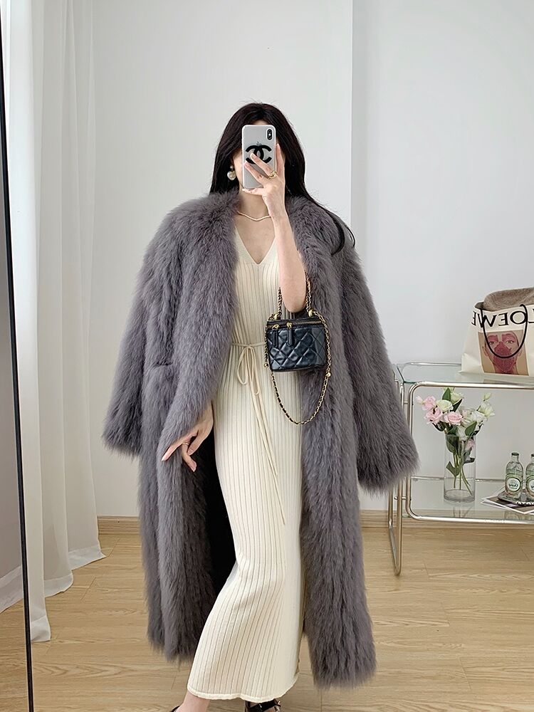 Women's Long Thickened 2024 New Sle Fox Fur Coat Young Sle over Knee Slimming Coat V-Neck Long Sleeve Business Casual Coat
