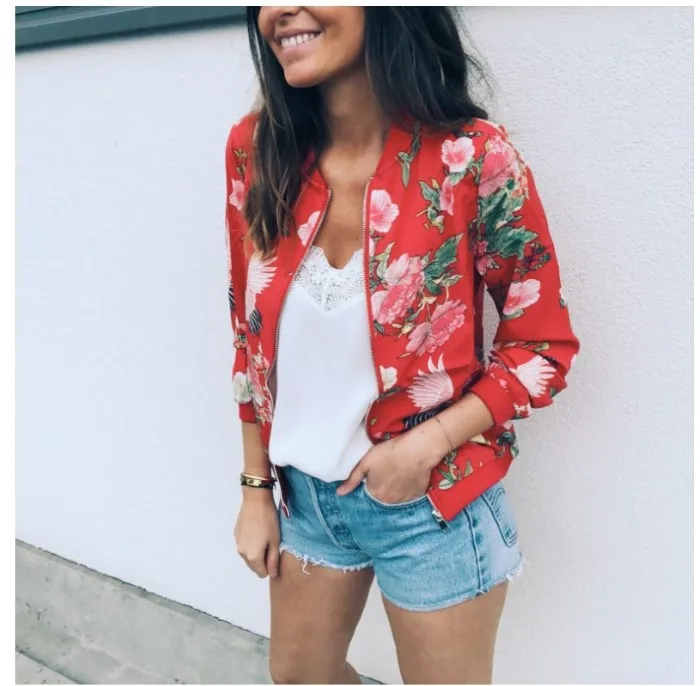 Feminino elegante zíper jaqueta bomber primavera outono floral impresso jaquetas escritório wear fino casaco de escritório retro outwear