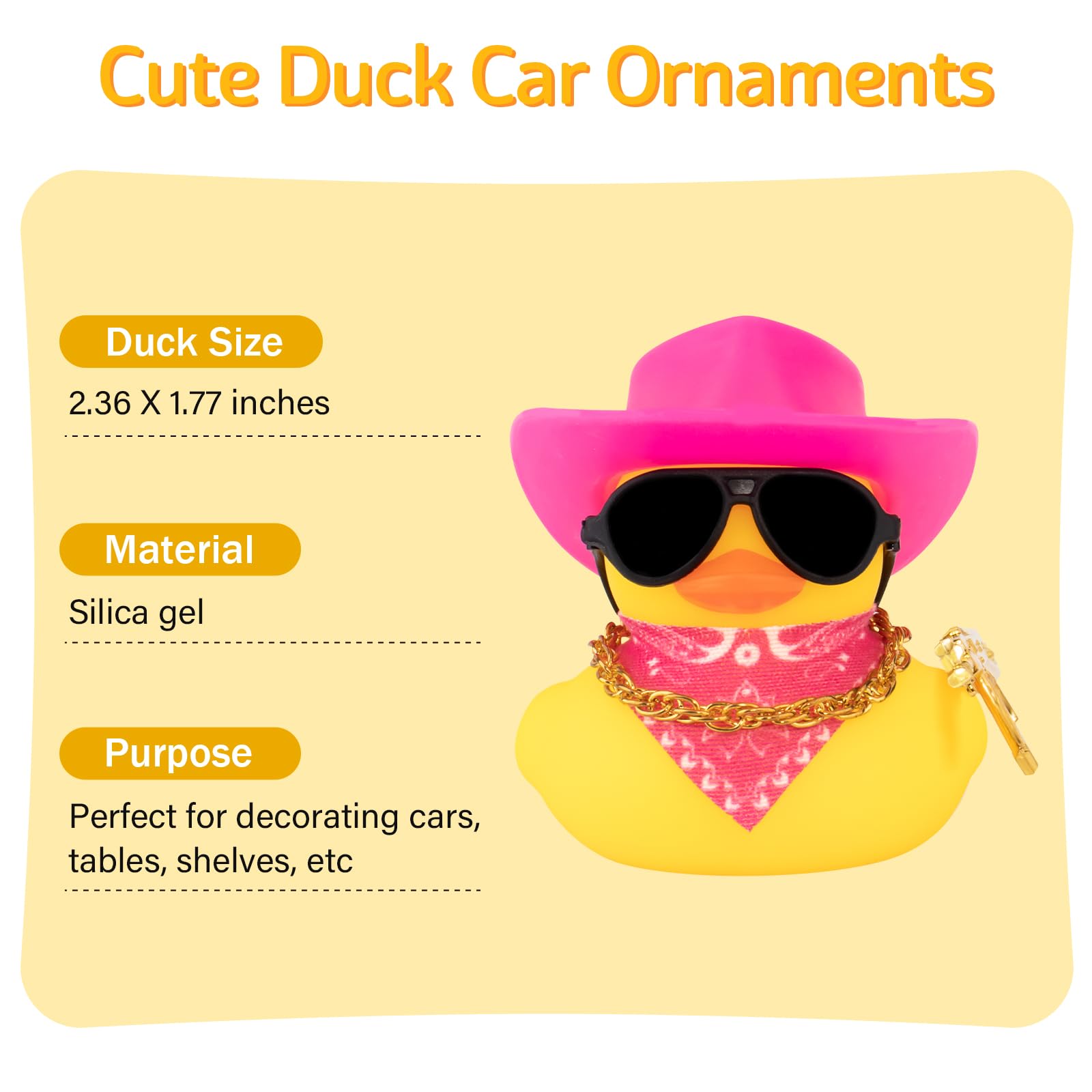 Adornos de pato de goma para coche, decoraciones para salpicadero de coche, accesorios geniales para coche con collar de sombrero de vaquero y gafas de sol