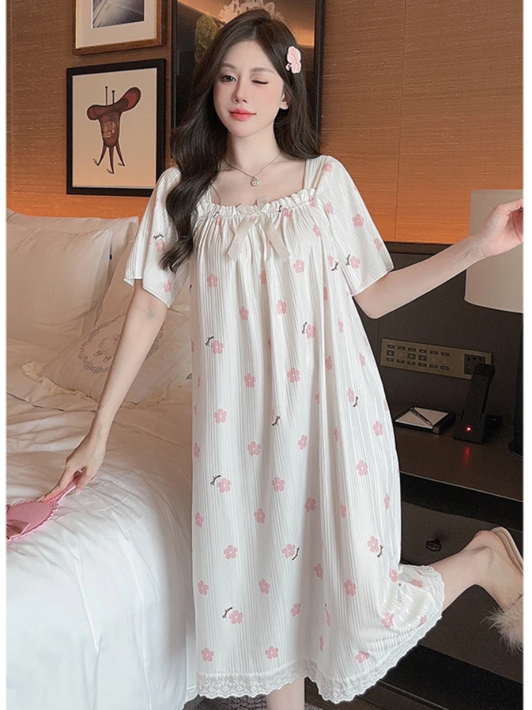 Camisones de talla grande 5XL para mujer, pijamas de verano de estilo coreano, vestido de dormir de manga corta de algodón con burbujas, ropa de descanso suave y cómoda