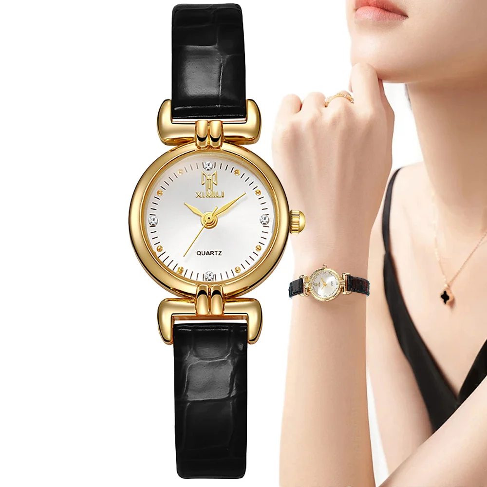 Moda 2024 Nueva Mujer Pequeño Simple Diamantes Reloj de cuarzo de cuero negro Reloj de vestir de las mujeres de regalo Reloj de pulsera