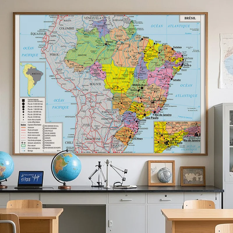 Mapa administrativo de Brasil en lienzo francés, carteles e impresiones, decoración de pared para suministros escolares de oficina