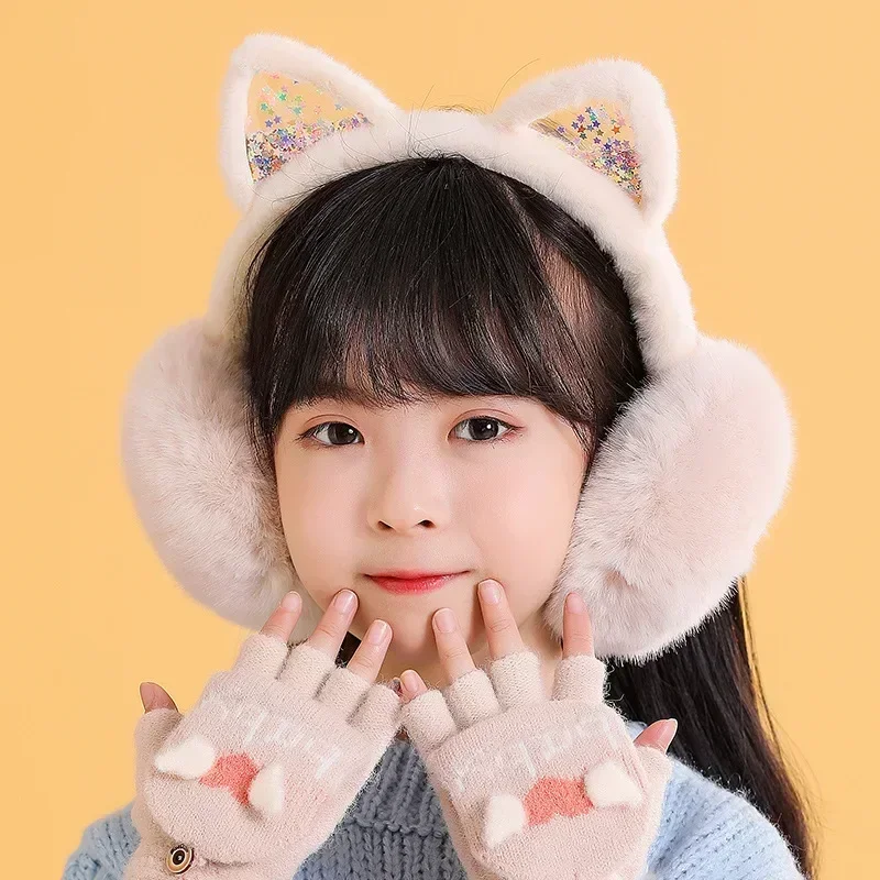 Orejeras de gato de invierno para niña, orejeras plegables y cálidas, bonitas, de piel sintética, suaves y esponjosas, estilo coreano, cubierta para las orejas para niños