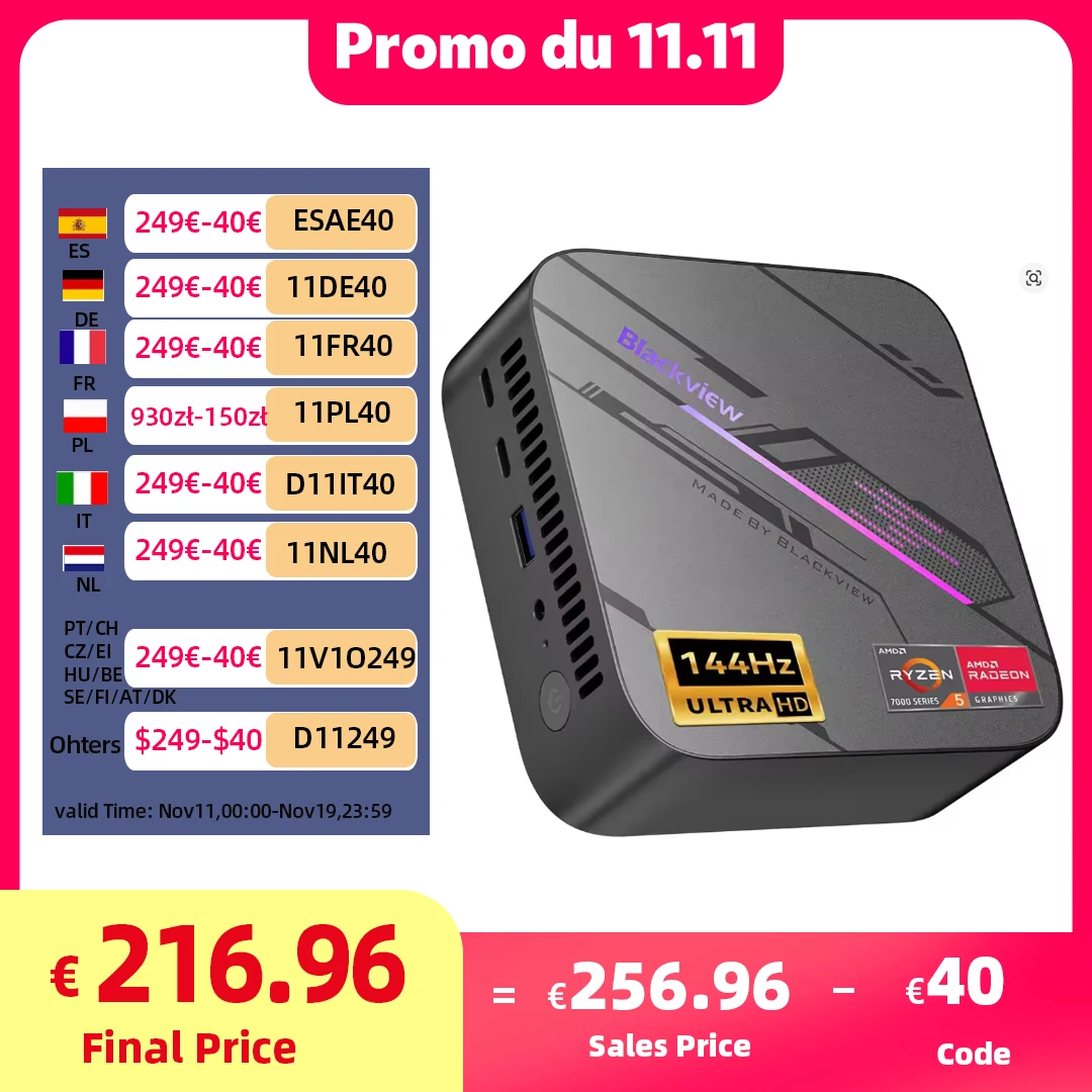 Blackview MP100 Mini PC AMD Ryzen 5 7430U 16 GB/32 GB RAM 512 GB/1 TB SSD, mini computer con WiFi 6/BT 5.2/4 K triplo display