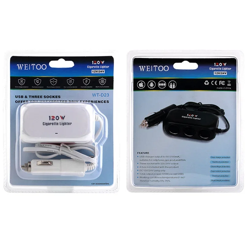 120w 3 em 1 tomada usb dupla isqueiro do carro adapte 12v 24v divisor led carregador rápido adaptador de tomada para iphone gps dashcam