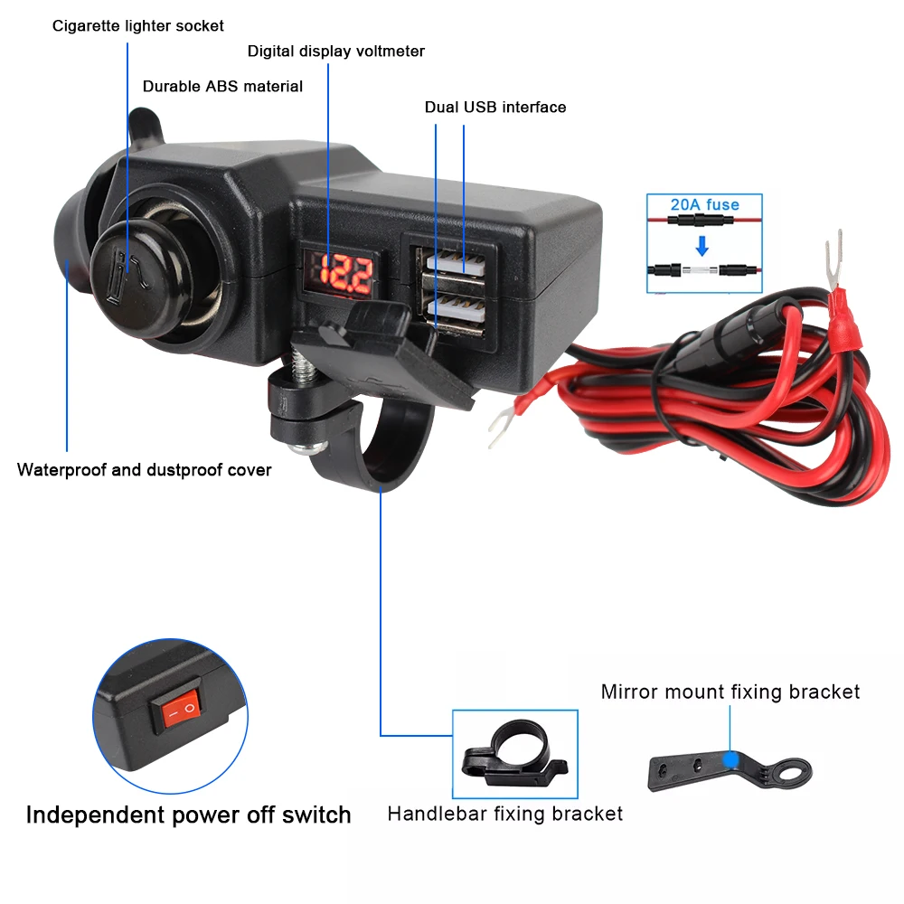 Enchufe USB Dual con encendedor de cigarrillos, medidor de voltaje Digital, cargador de motocicleta, interruptor de encendido/apagado, 3,4 A, carga rápida 3,0, 10-24V