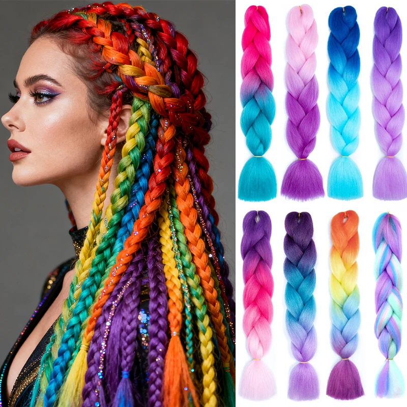 24 Polegada sintético longo reto yaki tranças de cabelo ombre trança cabelo jumbo arco-íris trança extensão do cabelo para mulheres diy cabelo