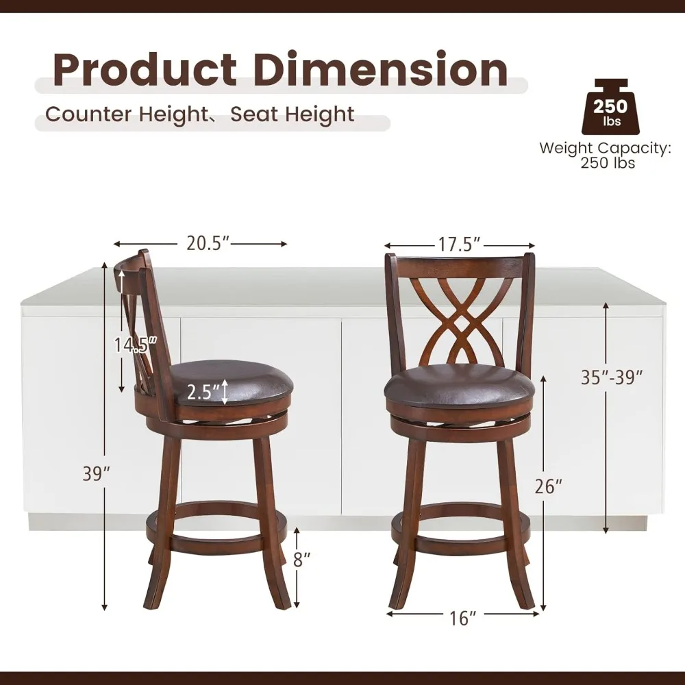 Bar Stools Set of 4, 360° Swivel Chairs with Rubber Wood Frame, 26 in PU Leather Cushioned Seat and Footrests, for Kitch