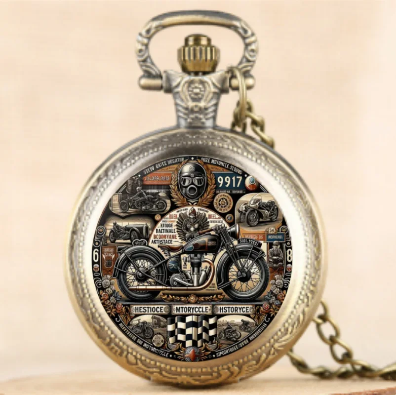 Antike exquisite Vintage-Motorrad-Muster-Design-Quarz-Taschenuhr – modisches Accessoire für Herren und Kinder, nicht wasserdichte Uhr