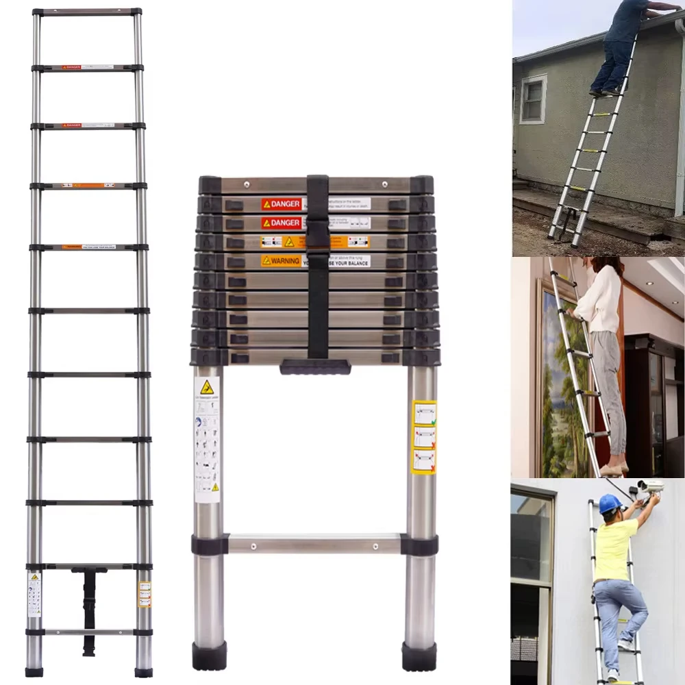BRIEFNESS 3.8M/12.5FT Stainless Steel Telescopic Ladder EN131 Certified Extendable Attic Bulb Replacement Roof Repair