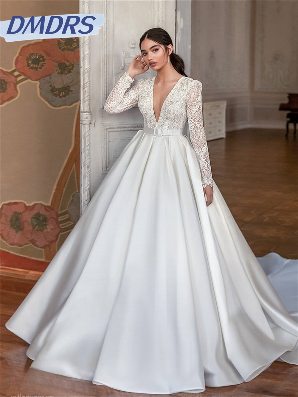 Сексуальное свадебное платье с глубоким v-образным вырезом 2024, элегантное свадебное платье с длинными рукавами, романтическое кружевное свадебное платье Robe De Mariee