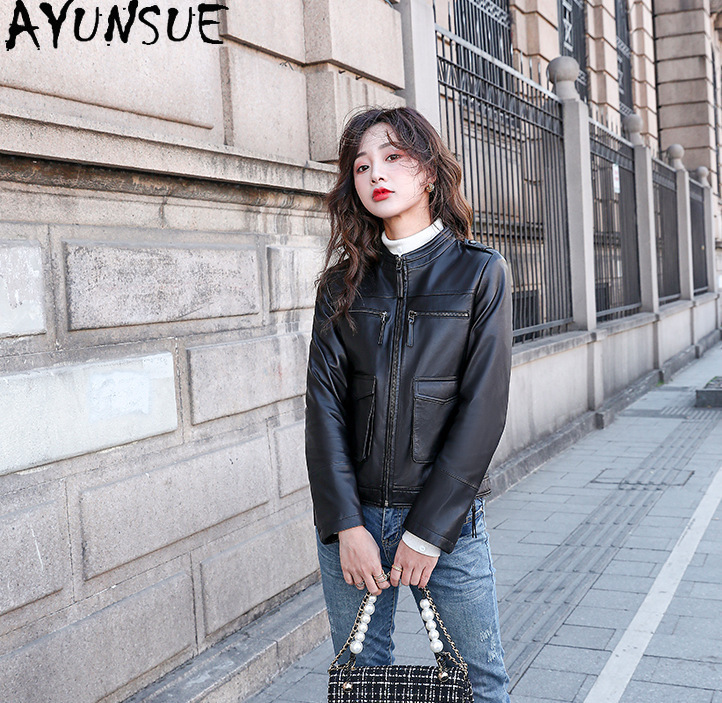 Ayunsue แจ็คเก็ตหนังแท้ผู้หญิง, เสื้อโค้ทหนังแกะแท้แจ็คเก็ตหนัง MODE Korea คอปกตั้ง