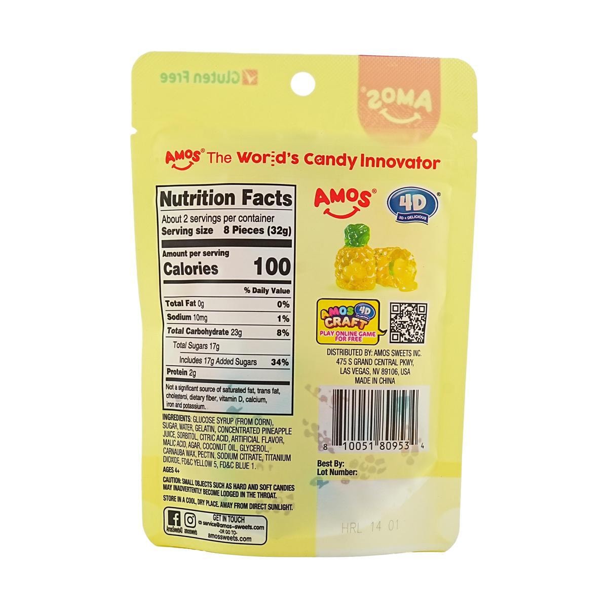 [10Packs] Amos 4D Fruit  Jelly Gummy Candy Juicy Burst Pineapple Gluten-Free 2.29 oz*10Packs