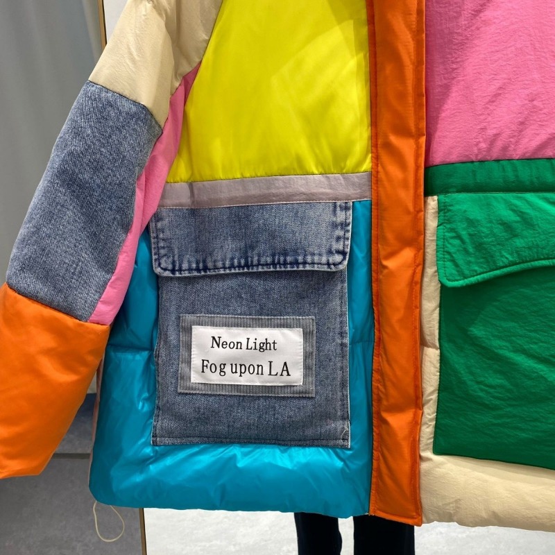 Overs ize Denim gespleißt Daunen jacke Frauen große Taschen Wintermantel Reiß verschluss Patchwork Puffer Jacke hochwertige wind dichte Verdickung
