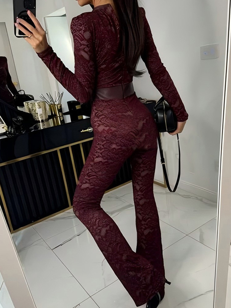 Mozision-monos de manga larga con estampado de encaje para mujer, monos sexys ajustados con cuello redondo de dos capas, moda Otoño Invierno