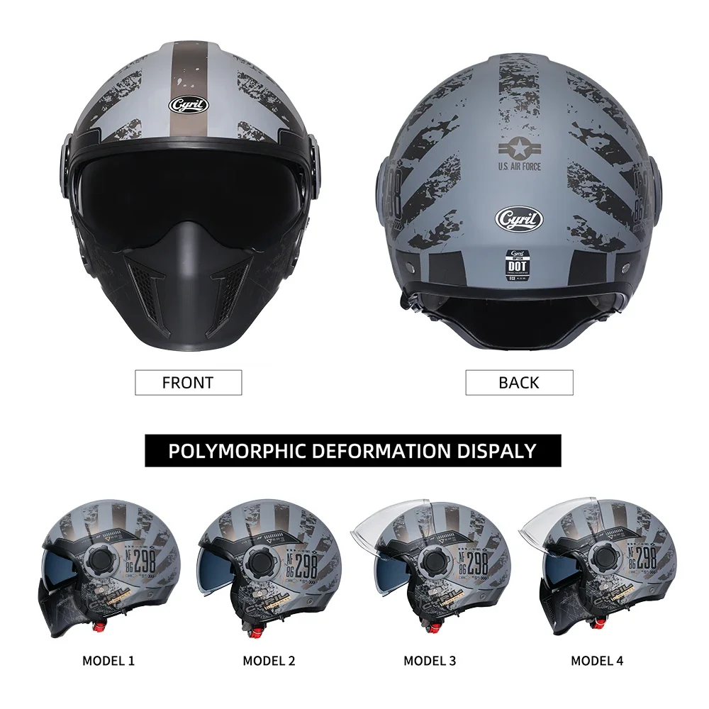 Full Face Open Face Capacete de Motocicleta para Homens e Mulheres, Lente Dupla, Modular, DOT, ECE Aprovado, CYRIL, OP12A, Retro Moto