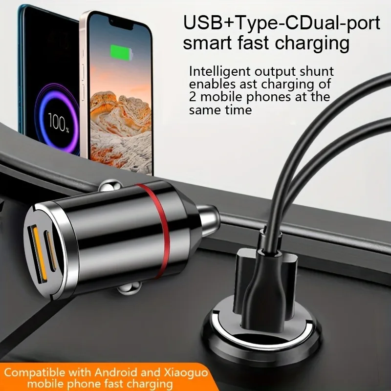 Carregador de carro flash de 66 W com anel de tração - porta dupla PD + USB ultracompactada para carregamento rápido - Mini design discreto