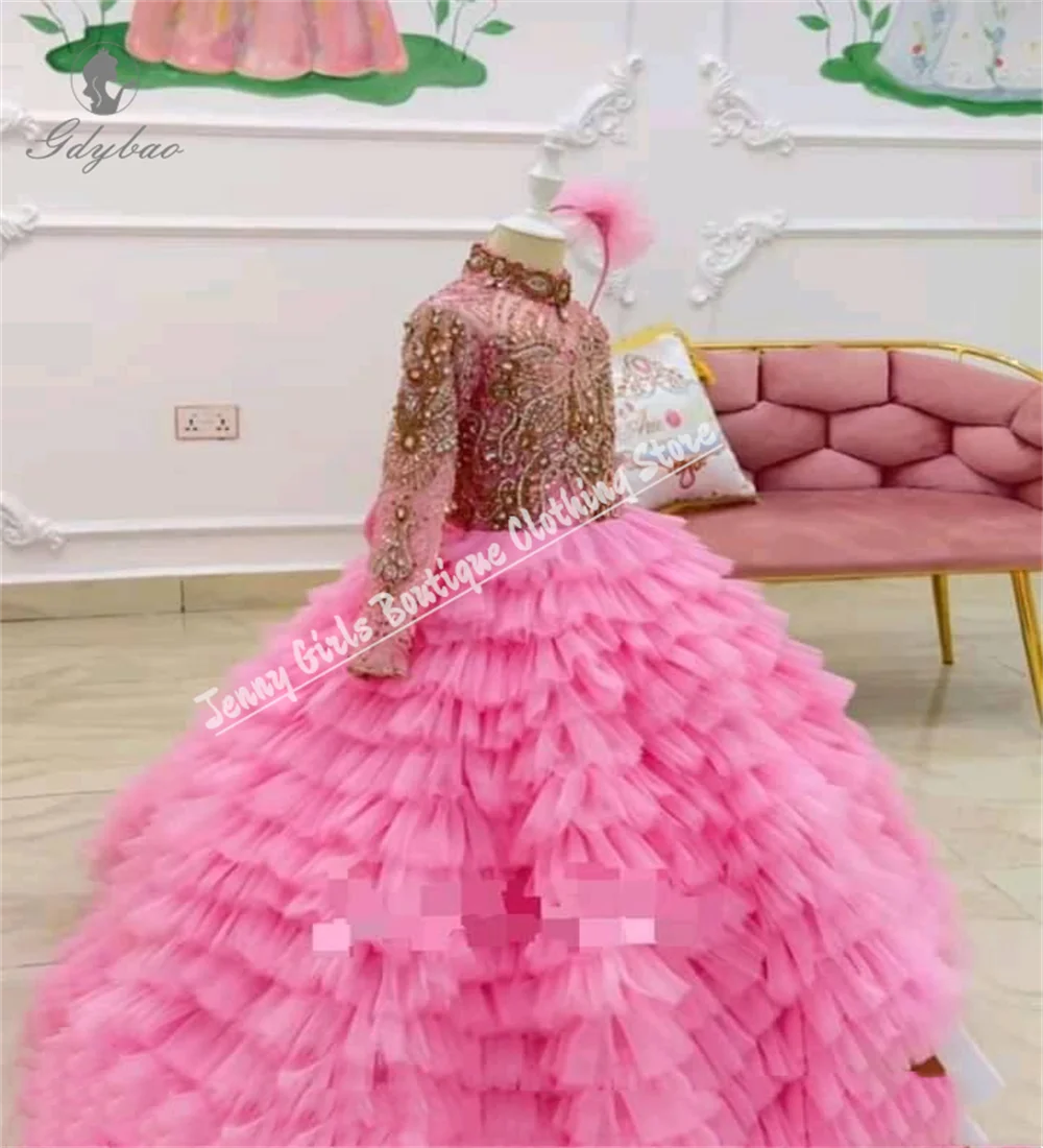 หรูหราชุดสาวดอกไม้คริสต์มาสสีชมพูสําหรับงานแต่งงาน Puffy เด็กวันเกิดพรหม Custom ชุดเจ้าหญิงสําหรับอย่างเป็นทางการเหตุการณ์