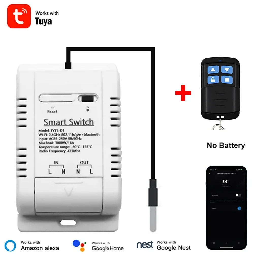 Tuya Smart Life/EWELINK WiFi interruptor 220V 85-250V relé con monitoreo de temperatura termostato Sensor RF433 Compatible con Alexa