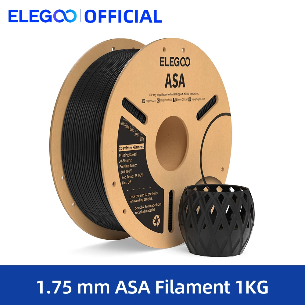 ELEGOO ASA Filament 1,75 мм, 1 кг, УФ- и атмосферостойкая нить для 3D-принтера, идеально подходящая для уличных функциональных деталей, 1 кг, черный, белый цвет