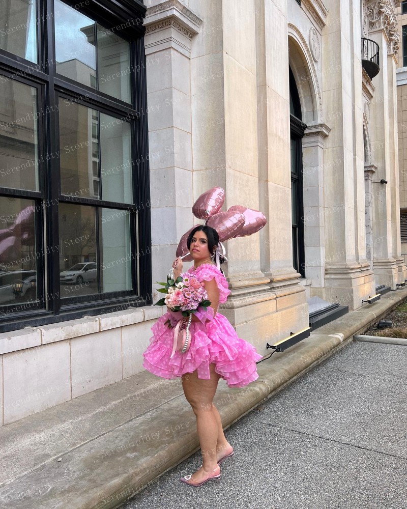 SERENDIPIDTY-vestido de festa manga curta para meninas, vestido de coquetel, decote em v, babados, comprimento mini, em camadas, doce, casual