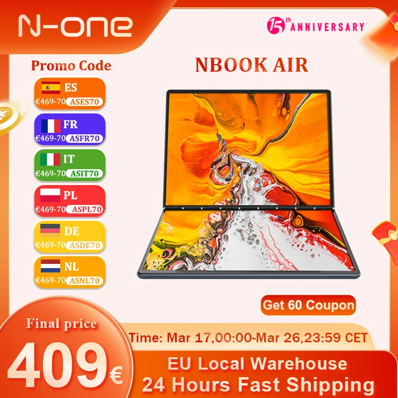 N-ONE Nbook Air Dual 13,5 Zoll Laptop Intel N100 16G DDR5/512GB M.2 SSD 2,5K Dual Touch Screen 2 in 1 Tablet PC Bürocomputer