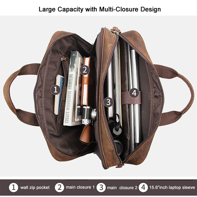 Alta qualidade de couro genuíno dos homens maleta saco de negócios couro cavalo louco grande 17 "polegadas bolsa para portátil masculino portfólio caso escritório