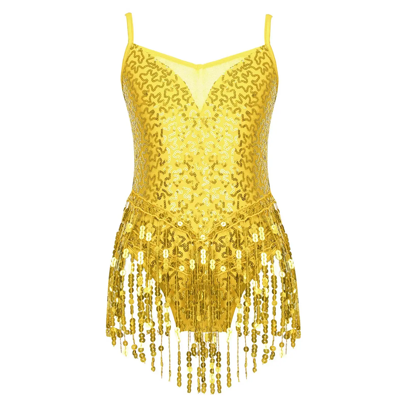 ชุดเต้นรําละตินแจ๊สยิมเด็กผู้หญิง SHINY Sequins พู่ Fringe ตาข่ายห้องบอลรูม Samba Tango Cha Cha เต้นรํา Leotards RAVE เครื่องแต่งกาย